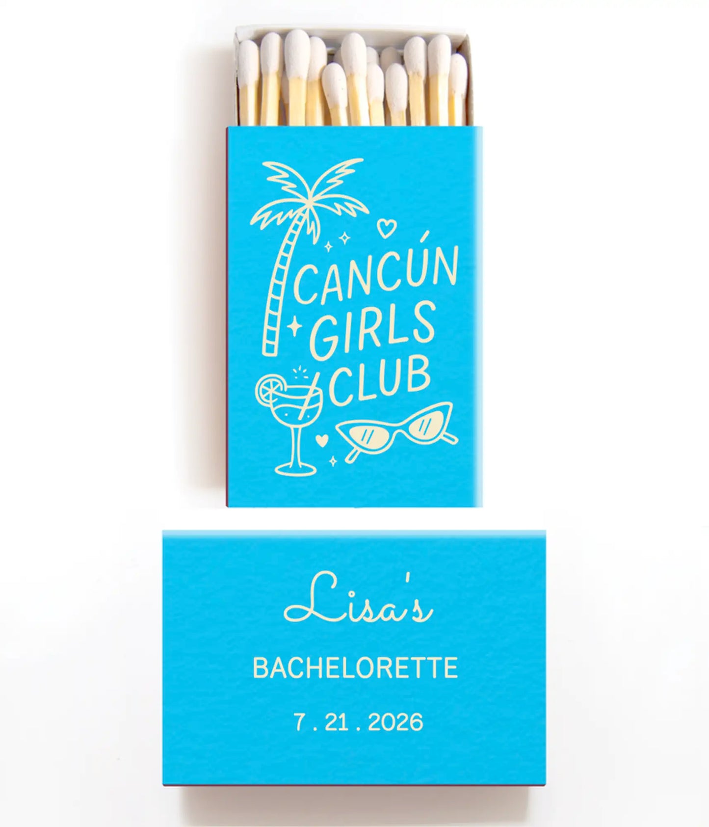 Blue matchbox with 'Cancun Girls Club' design and personalized text on a white background