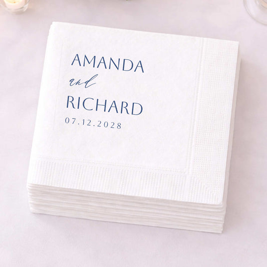 Personalized Wedding Napkins — Elegant White Coined Design with Names & Date