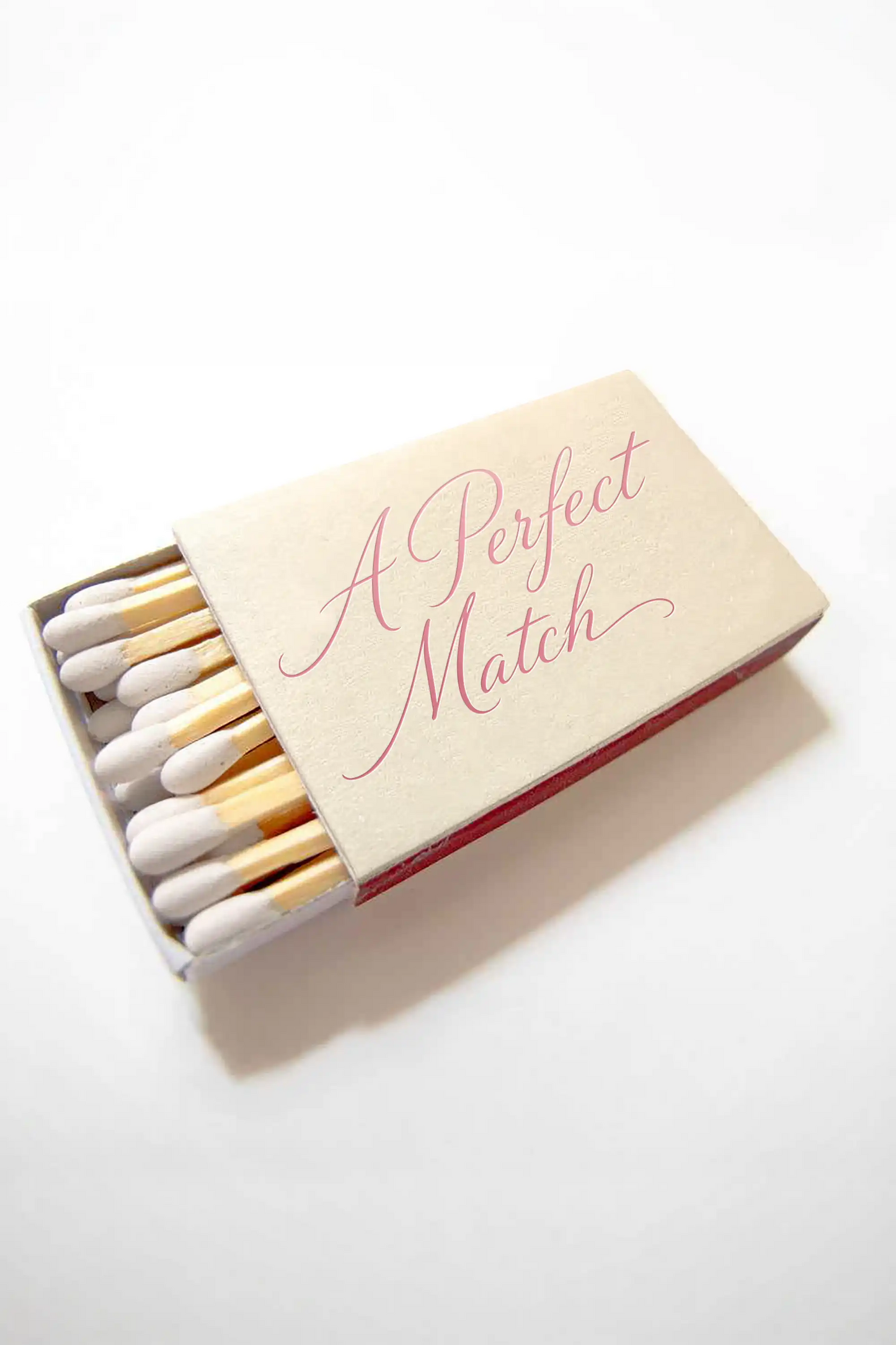 custom wedding Ivory and Pink Matchbox with 'A Perfect Match' text on a white background