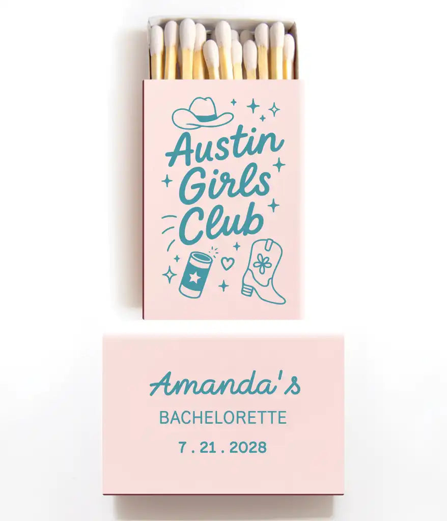 Pink and Blue matchbox with 'Austin Girls Club' design and 'Amanda's Bachelorette' text on a white background