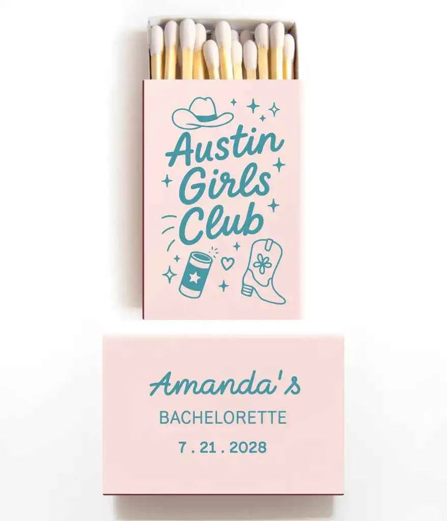 Austin Girls Club Custom Bachelorette Party Matchboxes - Personalized Western Texas Party Favors Matches - Red and Gold Cowgirl Theme