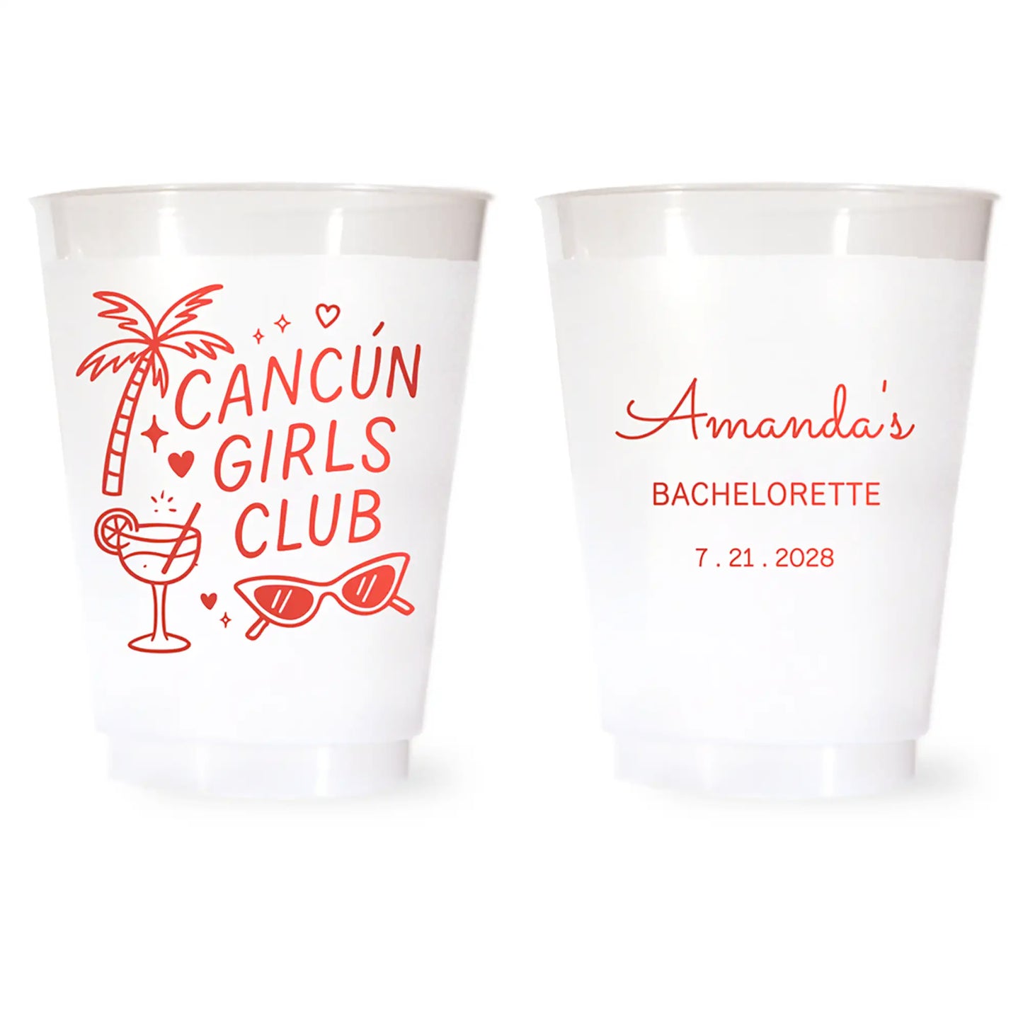 Two cancun girls club bachelorette party white cups with red tropical graphics and text of the brides name and party date on a white background