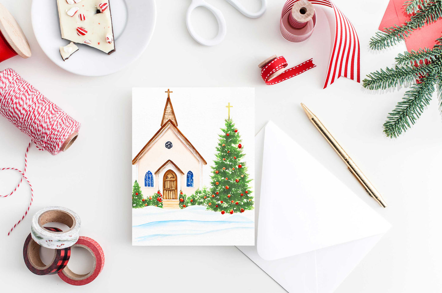 Church Tree Christmas Card Watercolor Holiday H023 - Wholesale - Tea and Becky