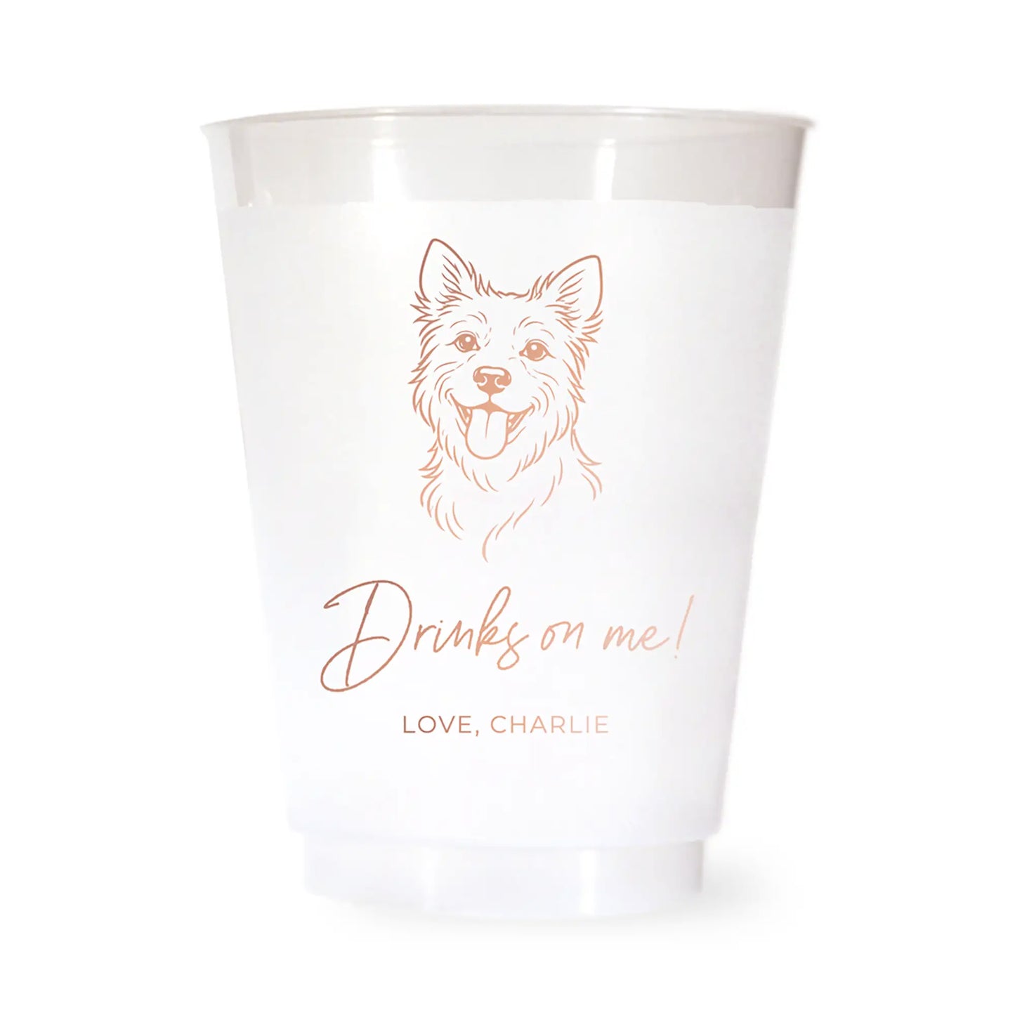 White cup with a terrier dog illustration and drinks on me love charlie text in rose gold on a white background