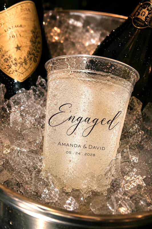 Casual Engagement Party & Backyard BBQ Cups - Custom Frosted Shatterproof Engaged Cups