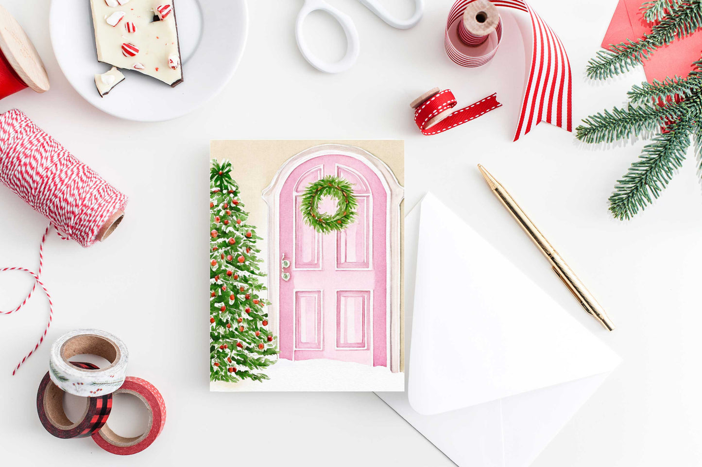 Pink Door Tree Christmas Card Watercolor Holiday H020 - Wholesale - Tea and Becky