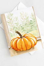 Load image into Gallery viewer, Pumpkin in the Window Halloween Card Autumn Fall Watercolor Cottagecore Holiday
