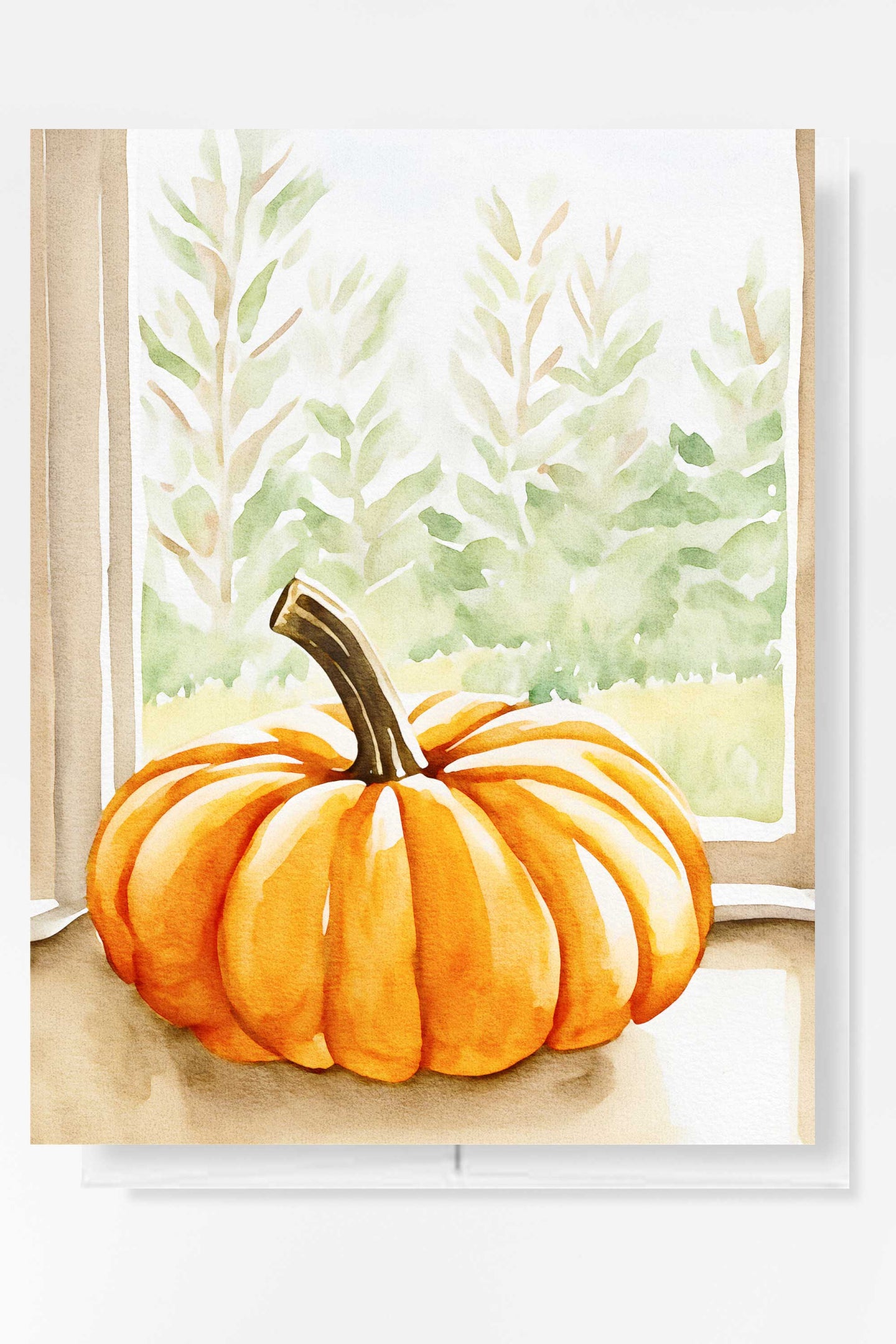 Pumpkin in the Window Halloween Card Autumn Fall Watercolor Cottagecore Holiday