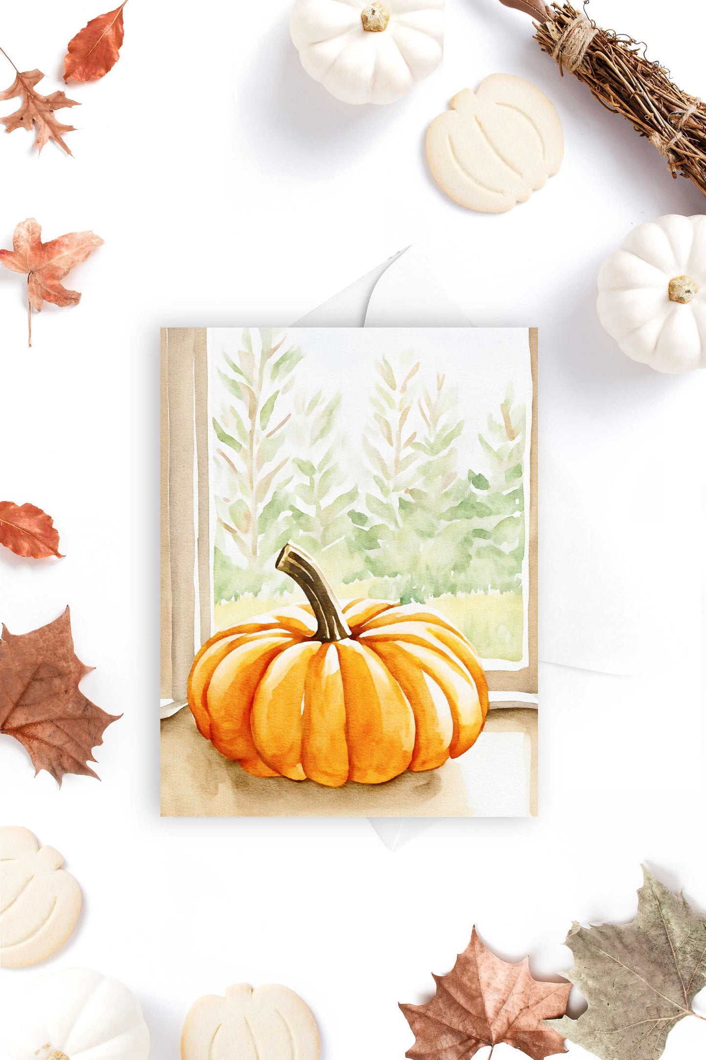 Pumpkin in the Window Halloween Card Autumn Fall Watercolor Holiday H042