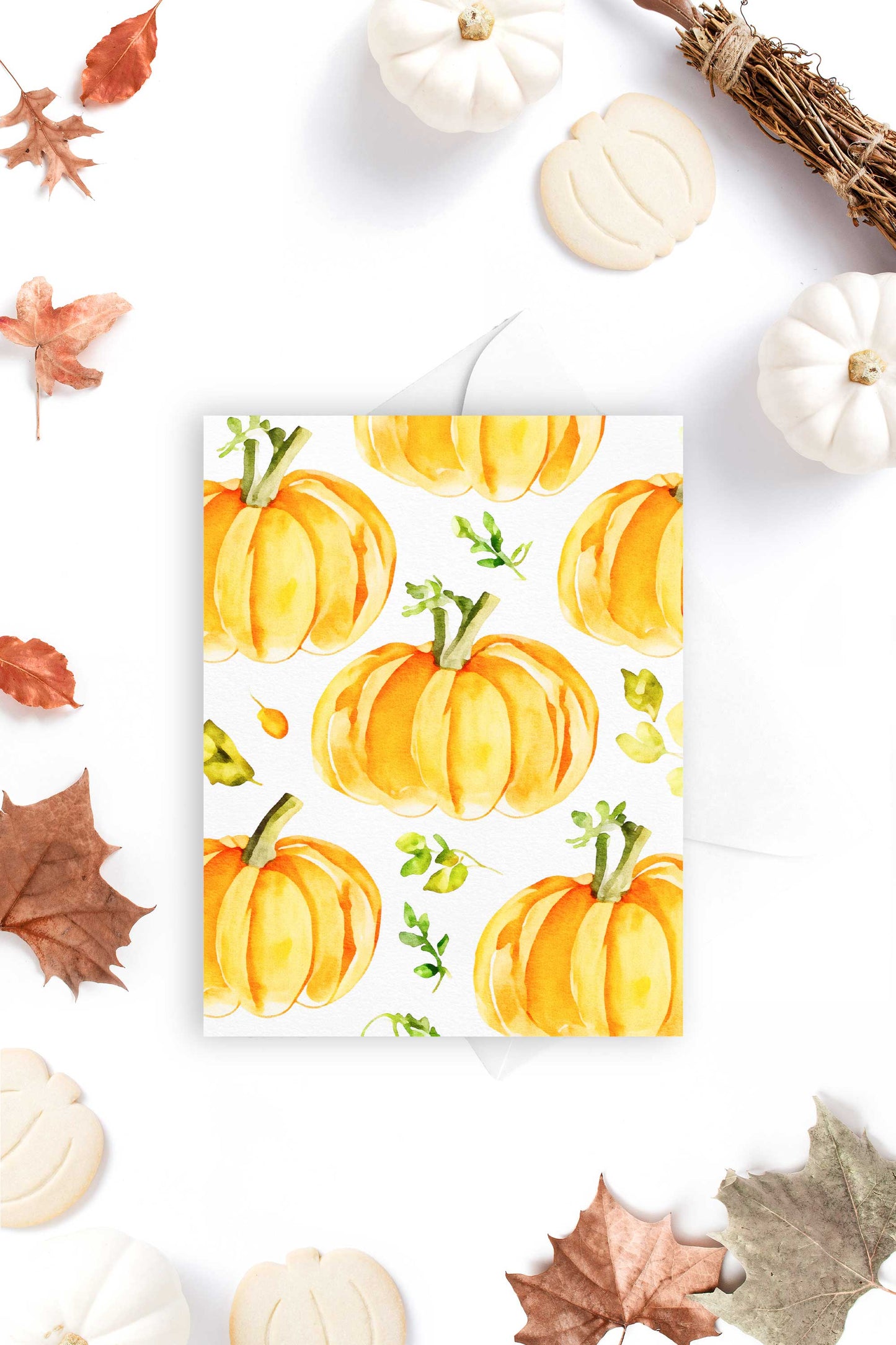 Pumpkins and Leaves Autumn Fall Halloween Card Watercolor Holiday H038 - Wholesale - Tea and Becky