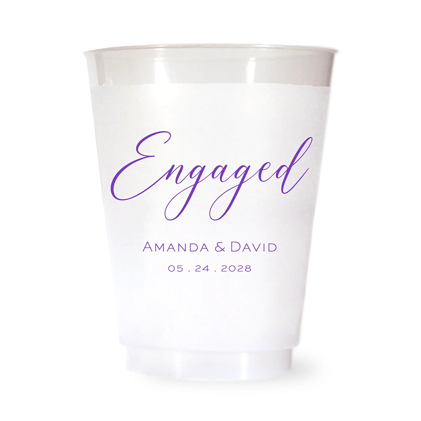 Clear plastic cup with purple 'Engaged' text and personalized names and date on a white background