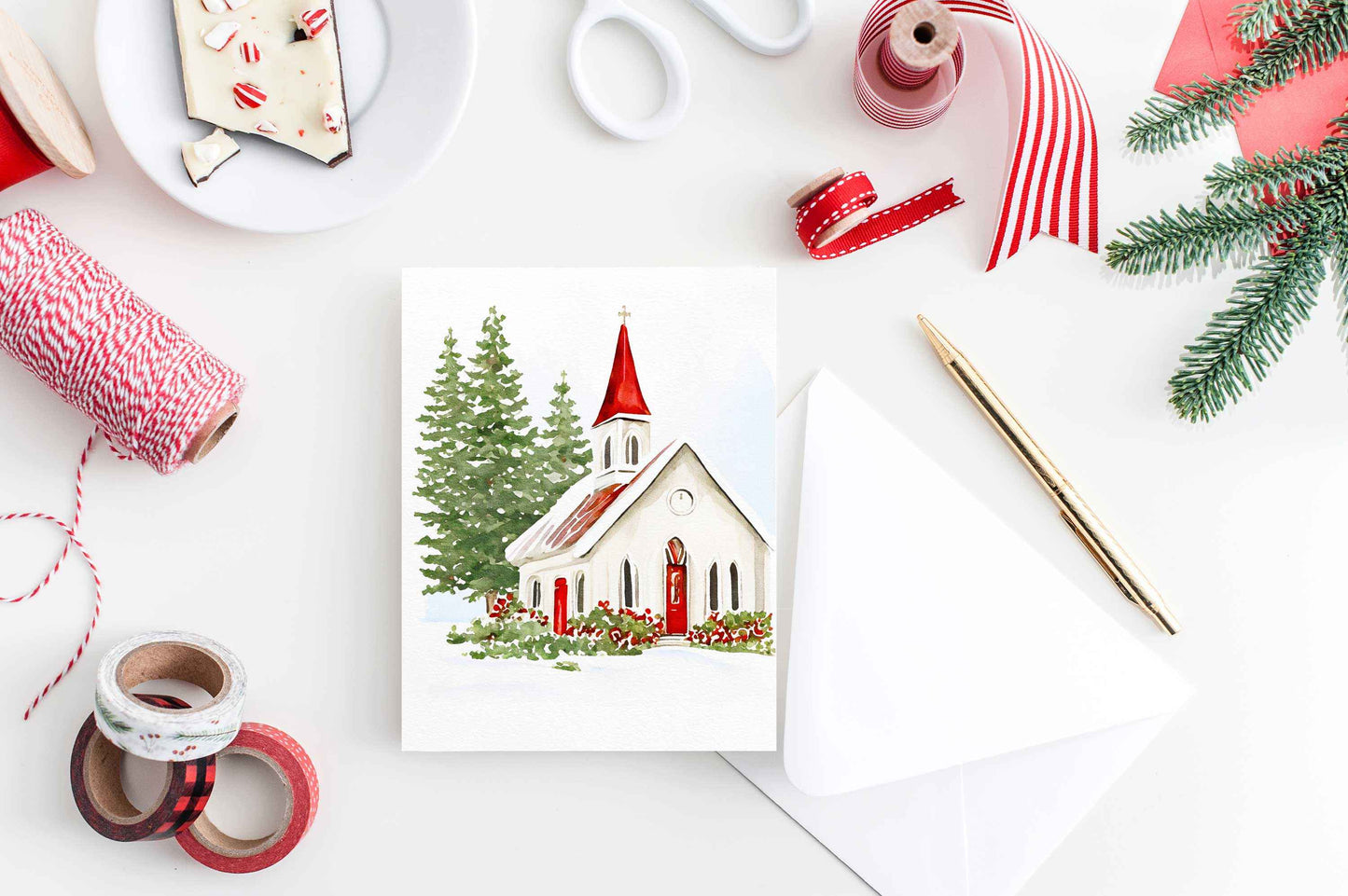 Red Church Christmas Card Watercolor Holiday