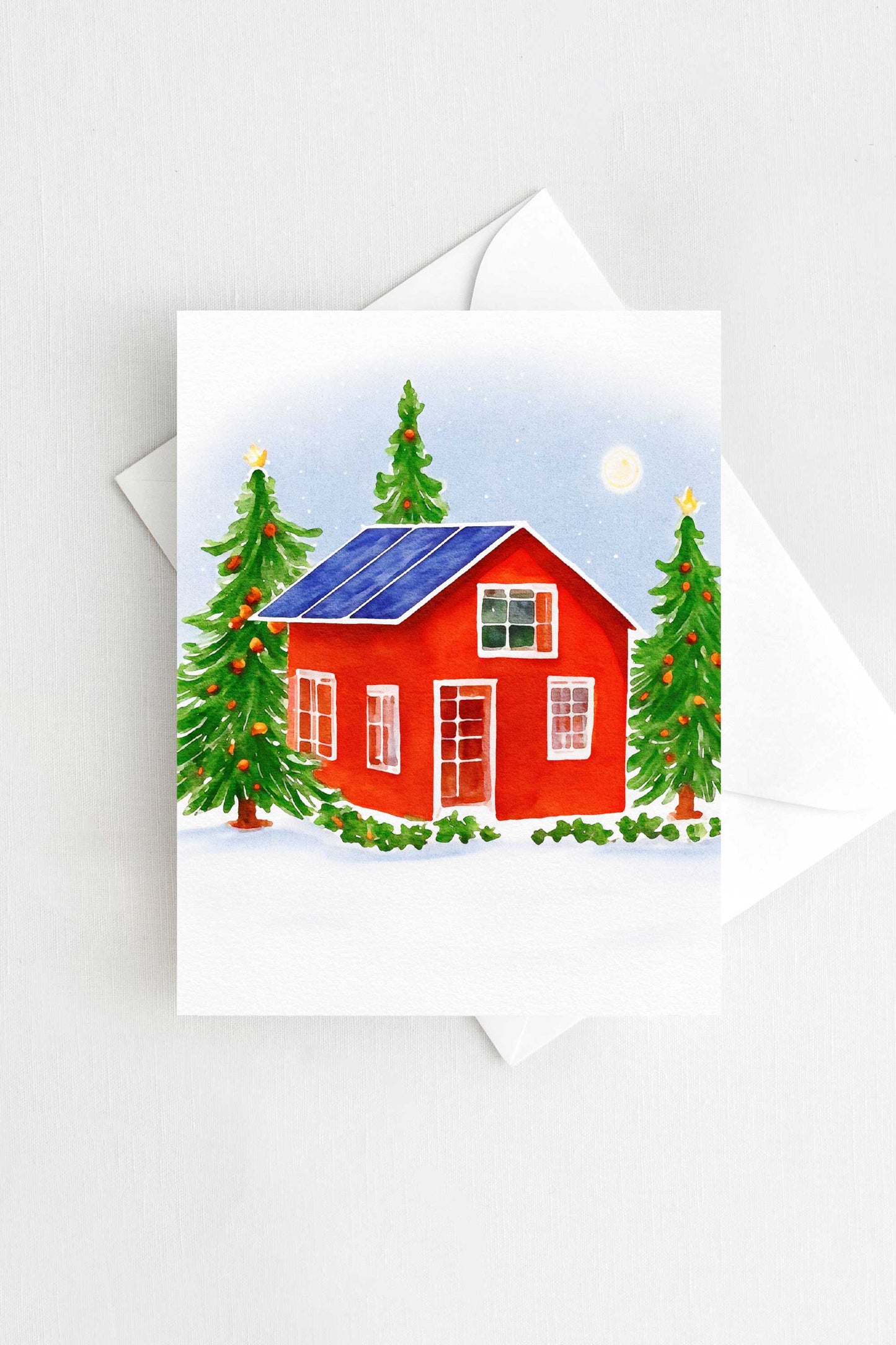 Solar Panel Red House Christmas Card Watercolor Holiday H035 - Wholesale - Tea and Becky