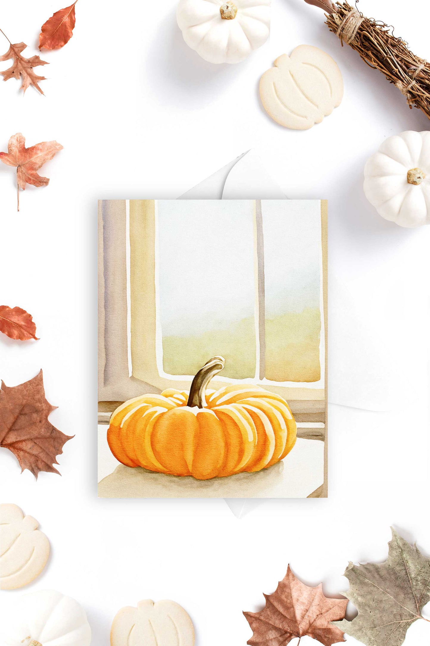 Sunny Pumpkin Autumn Fall Halloween Card Watercolor Holiday H039 - Wholesale - Tea and Becky