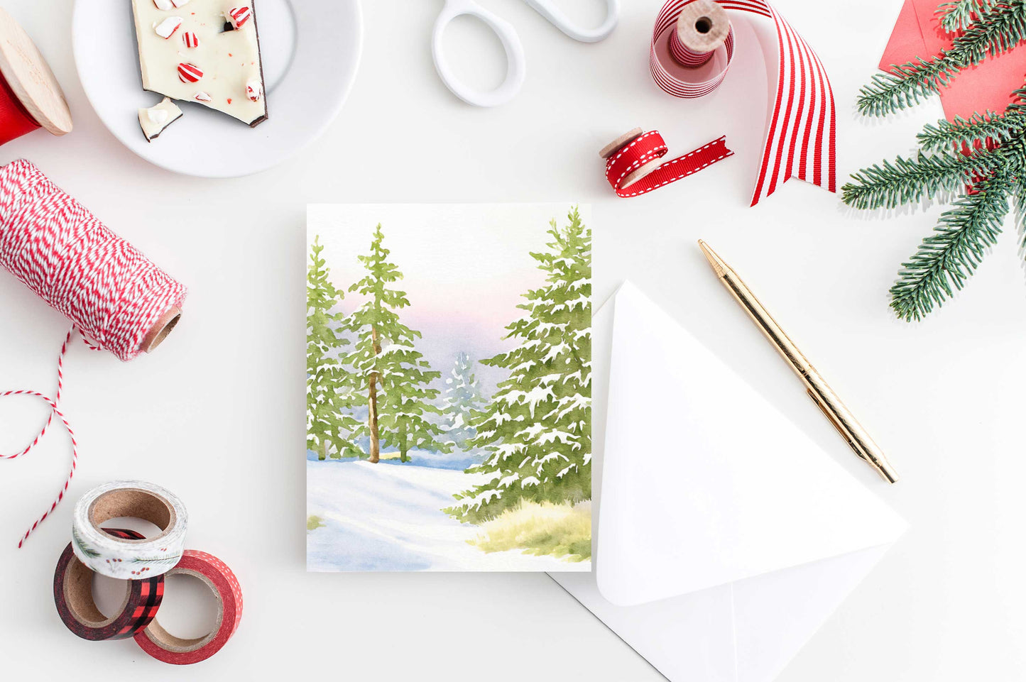 Winter Evergreen Trees Christmas Card Watercolor Holiday H027 - Wholesale - Tea and Becky