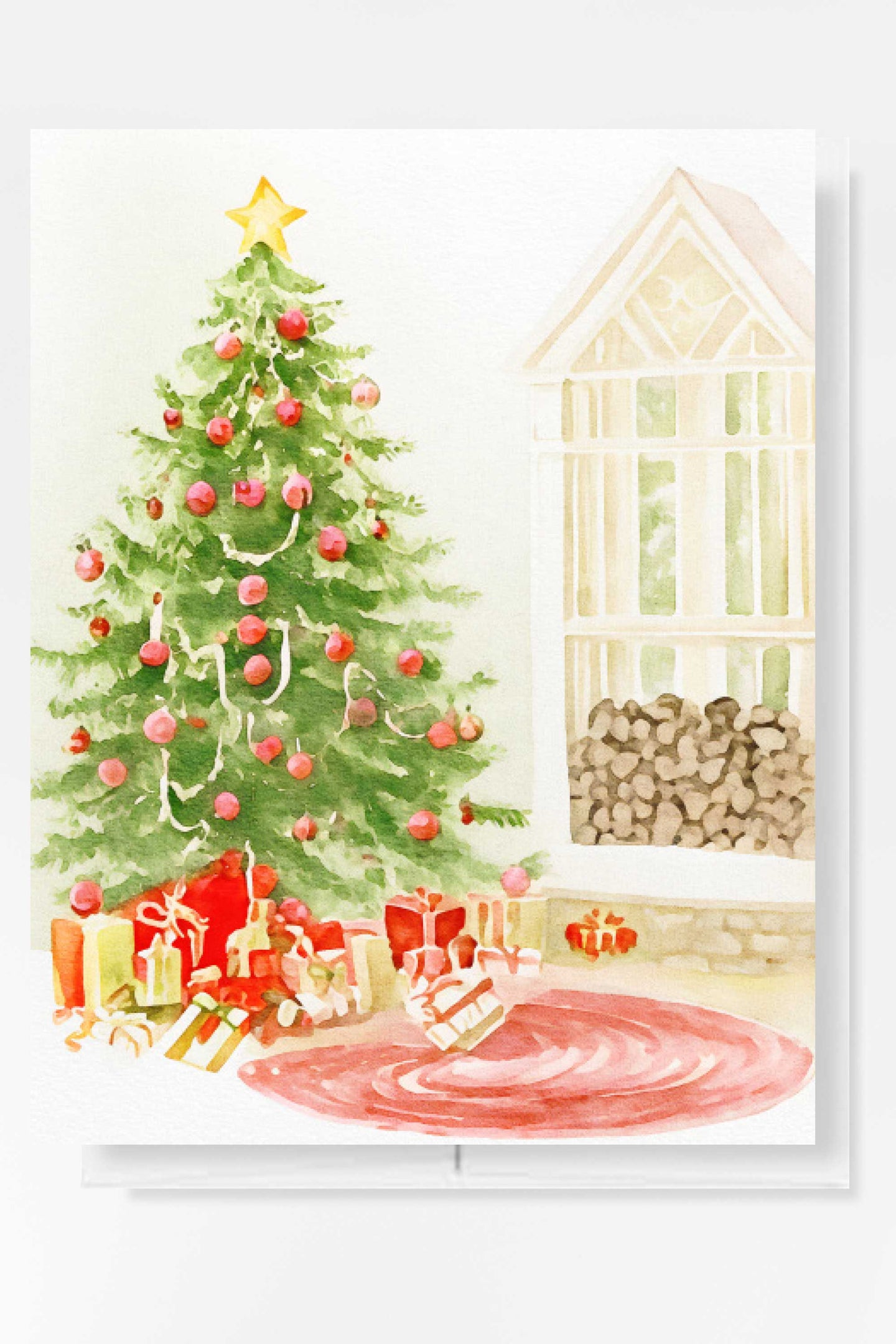 Christmas Tree and Wood Stack Holiday Card Watercolor