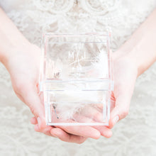 Load image into Gallery viewer, Monogrammed Arrow and Feather Personalized Lucite Wedding Ring Box - Tea and Becky
