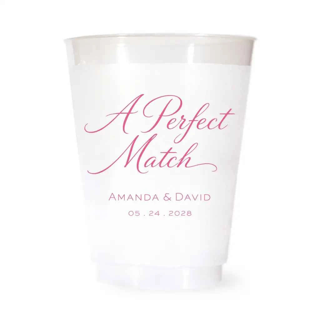 A Perfect Match Custom Frosted Wedding Cups | Interactive Live Preview | 16 oz Shatterproof Plastic Favors