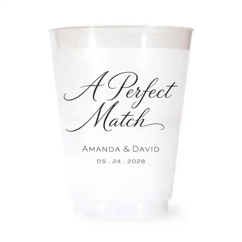A Perfect Match Custom Frosted Wedding Cups | Interactive Live Preview | 16 oz Shatterproof Plastic Favors