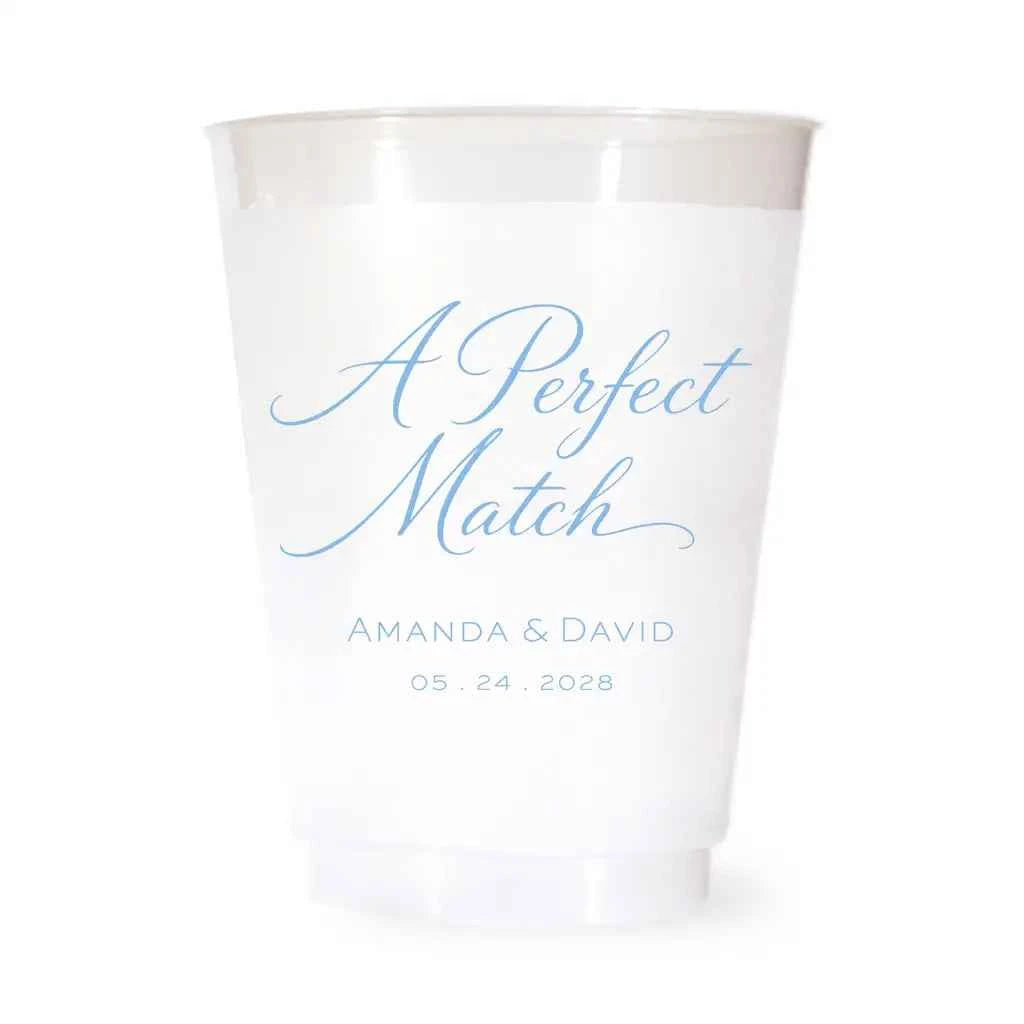 A Perfect Match Custom Frosted Wedding Cups | Interactive Live Preview | 16 oz Shatterproof Plastic Favors