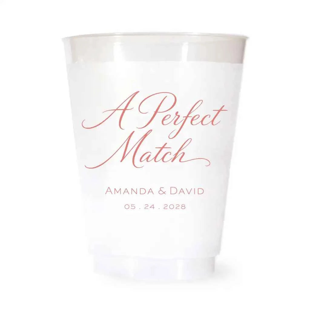 A Perfect Match Custom Frosted Wedding Cups | Interactive Live Preview | 16 oz Shatterproof Plastic Favors