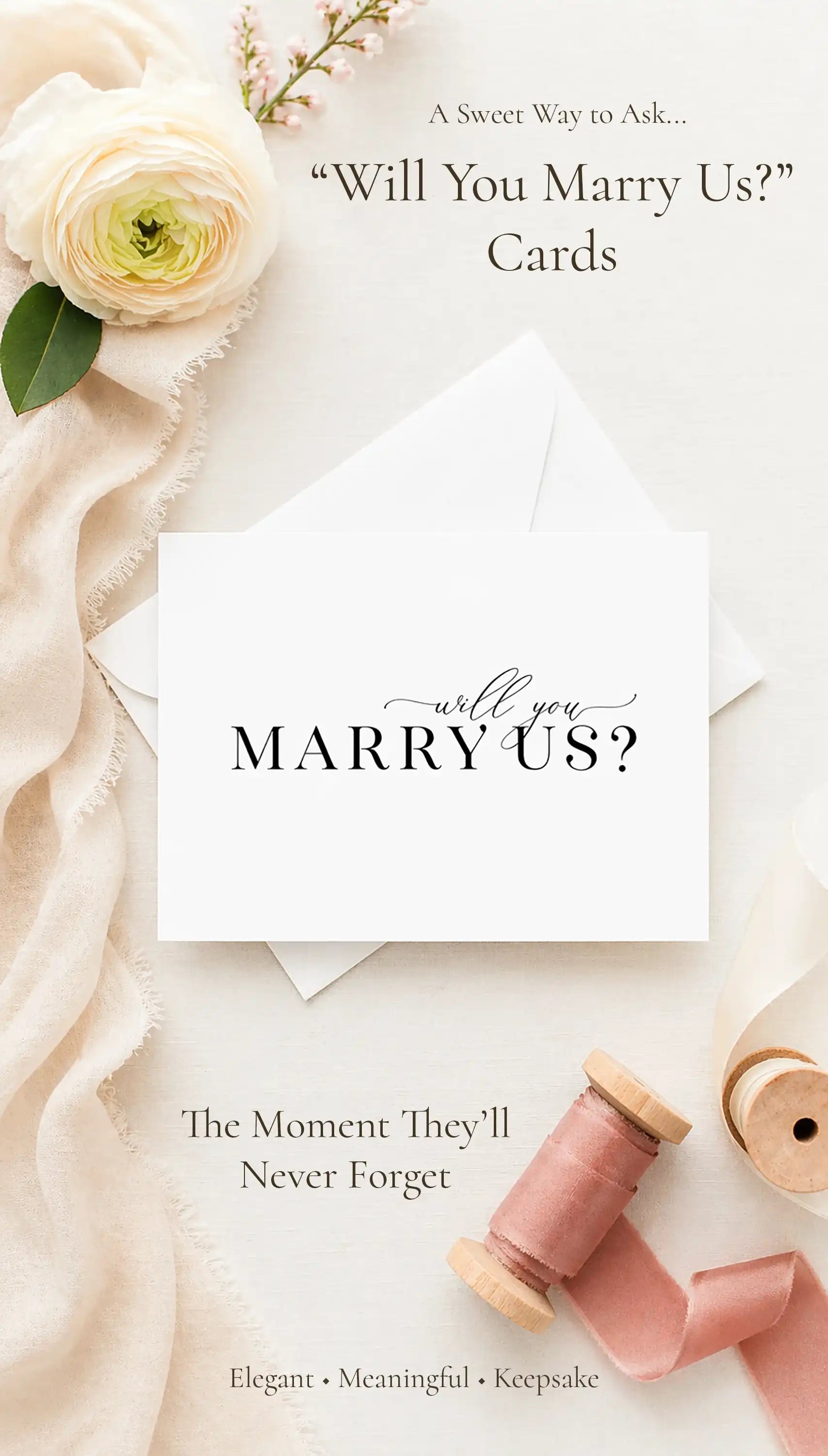 Card with 'Will You Marry Us?' text on a romantic setting with flowers and ribbons.