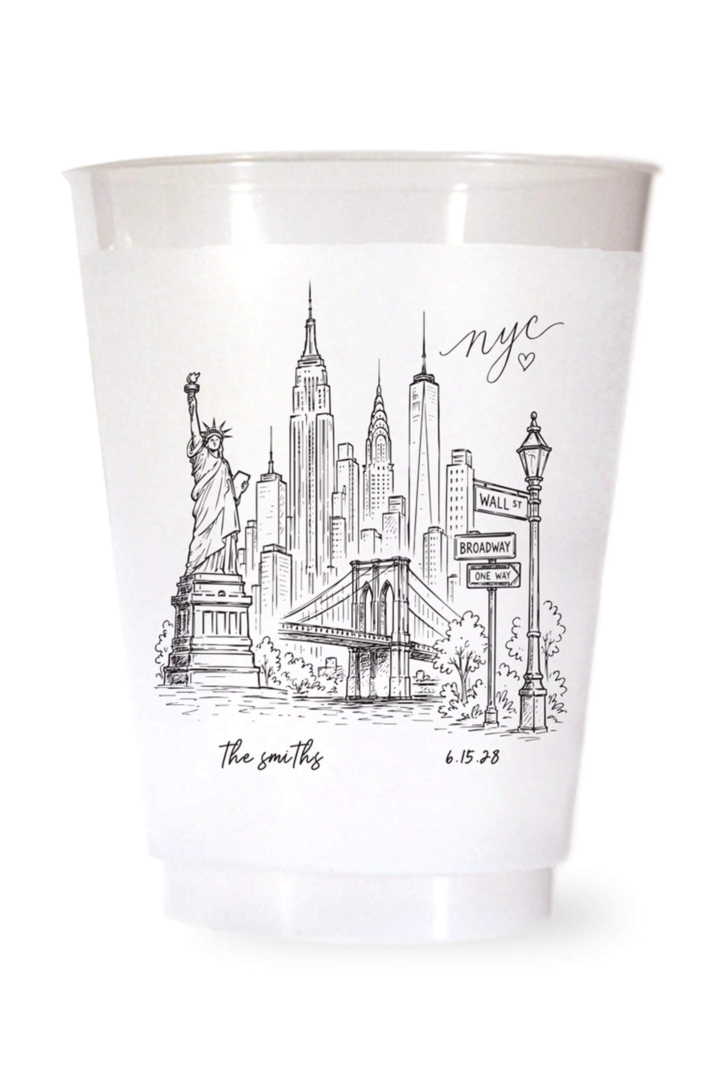 white shatterproof plastic cup on a white background. the cup is printed with a hand drawn illustration of the new york city sklyine with the bride and grooms names and wedding date in black ink.
