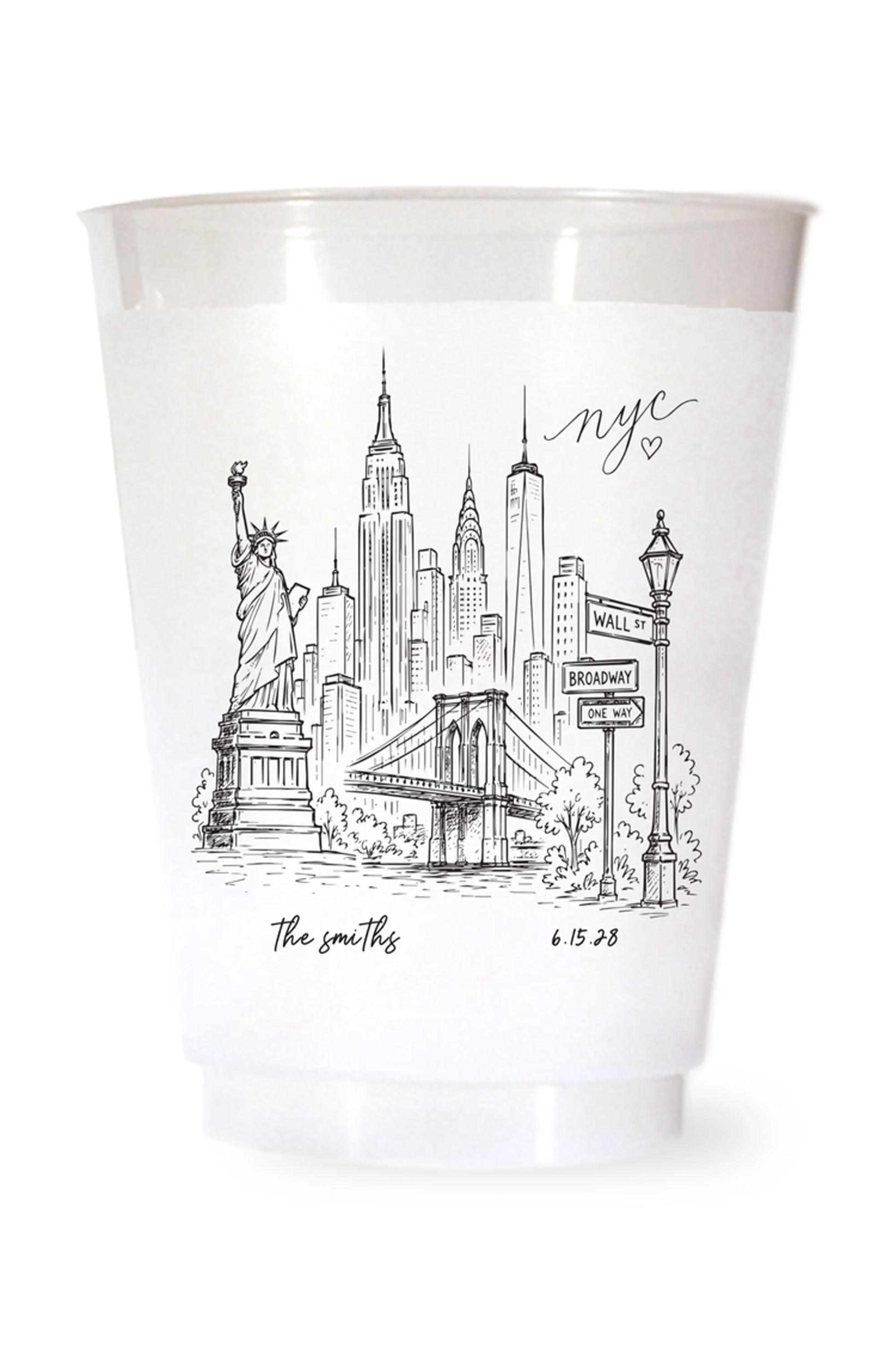 white shatterproof plastic cup on a white background. the cup is printed with a hand drawn illustration of the new york city sklyine with the bride and grooms names and wedding date in black ink.