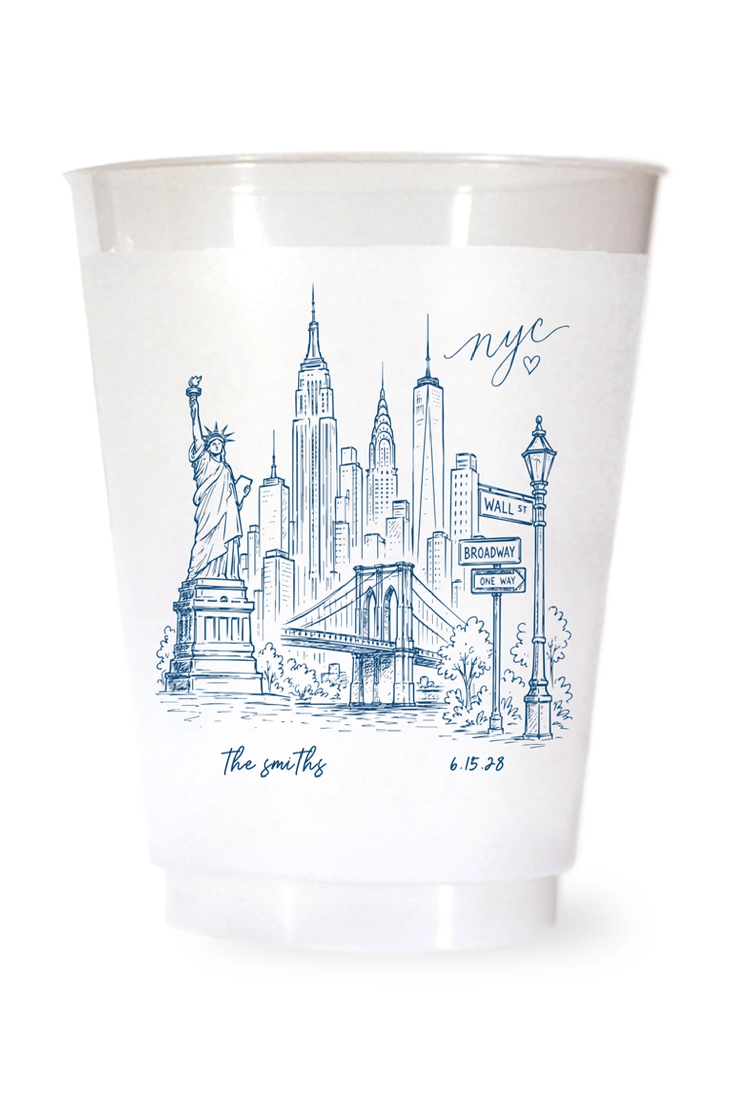 white shatterproof plastic cup on a white background. the cup is printed with a hand drawn illustration of the new york city sklyine with the bride and grooms names and wedding date in blue ink.