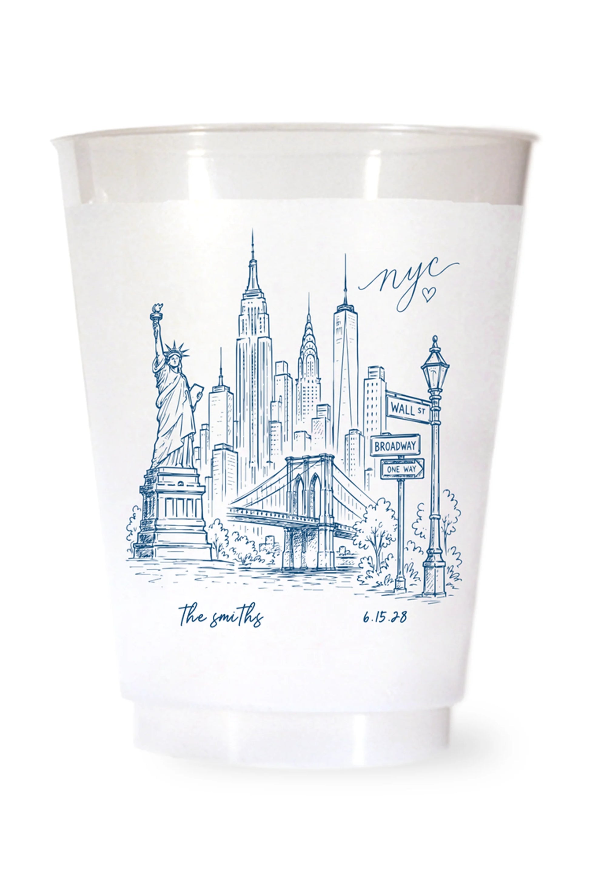 white shatterproof plastic cup on a white background. the cup is printed with a hand drawn illustration of the new york city sklyine with the bride and grooms names and wedding date in blue ink.