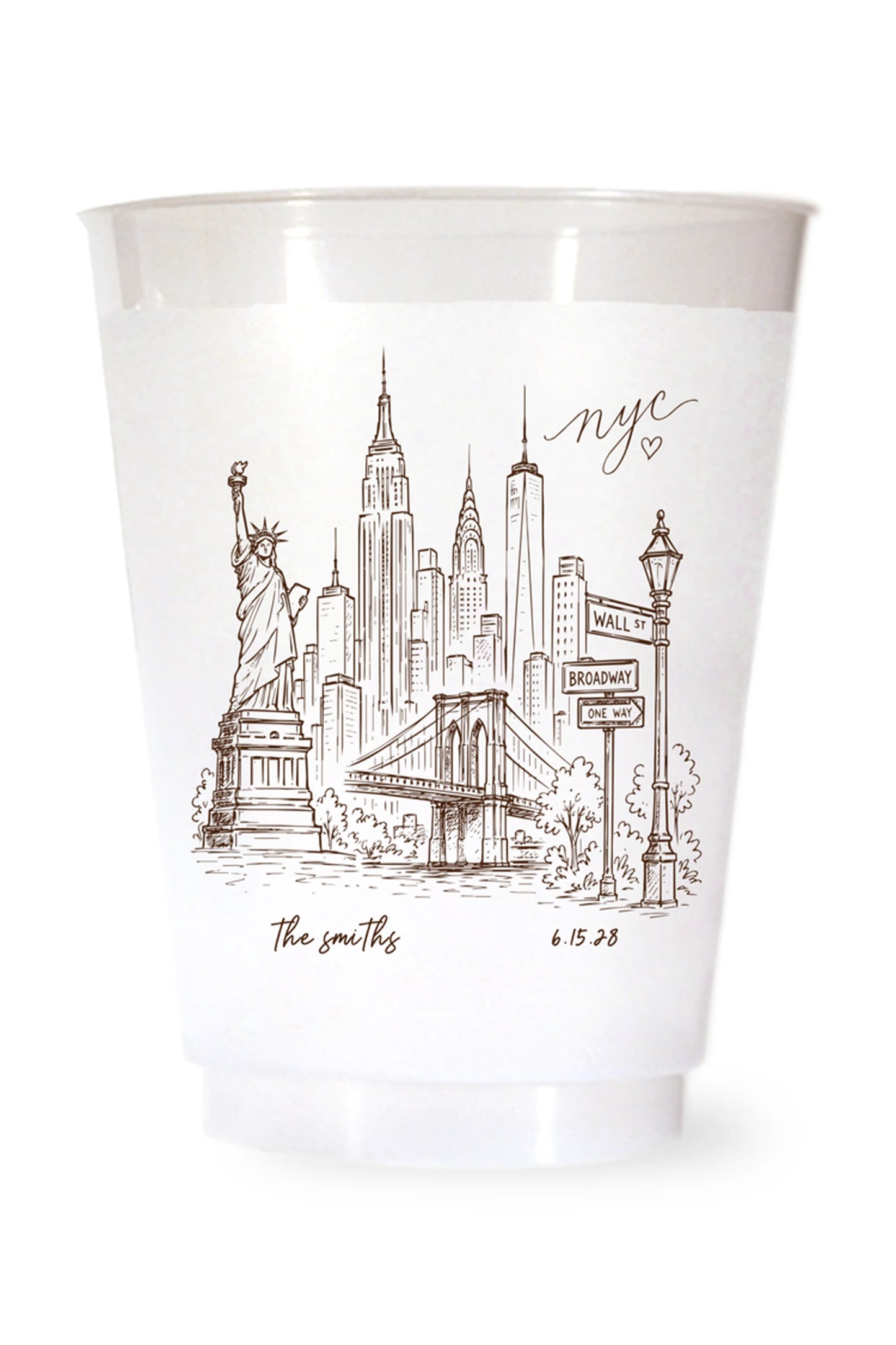 white shatterproof plastic cup on a white background. the cup is printed with a hand drawn illustration of the new york city sklyine with the bride and grooms names and wedding date in brown ink.