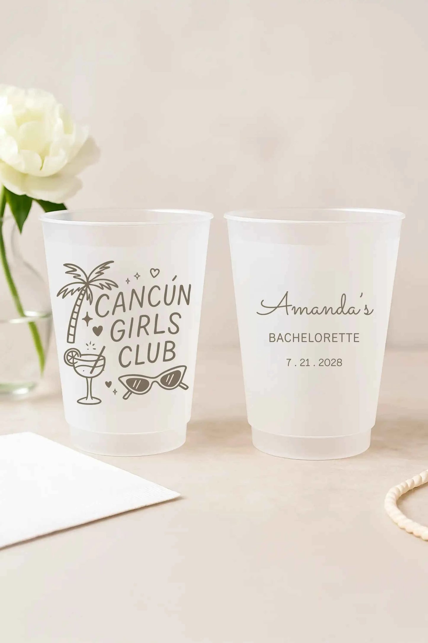 Bachelorette Party Cups Custom Cancun Girls Club Personalized Frosted Shatterproof Cups 16 oz Beach Party Favors