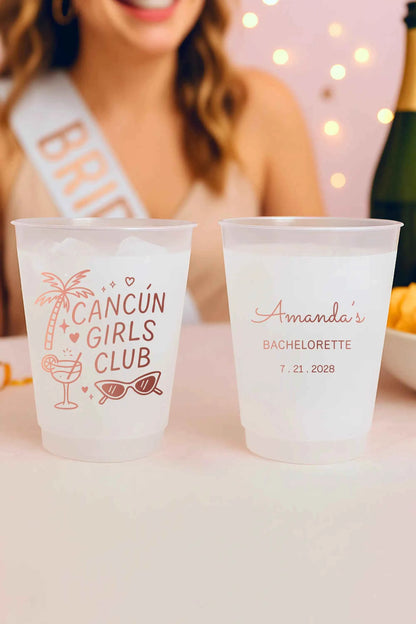 Bachelorette Party Cups Custom Cancun Girls Club Personalized Frosted Shatterproof Cups 16 oz Beach Party Favors