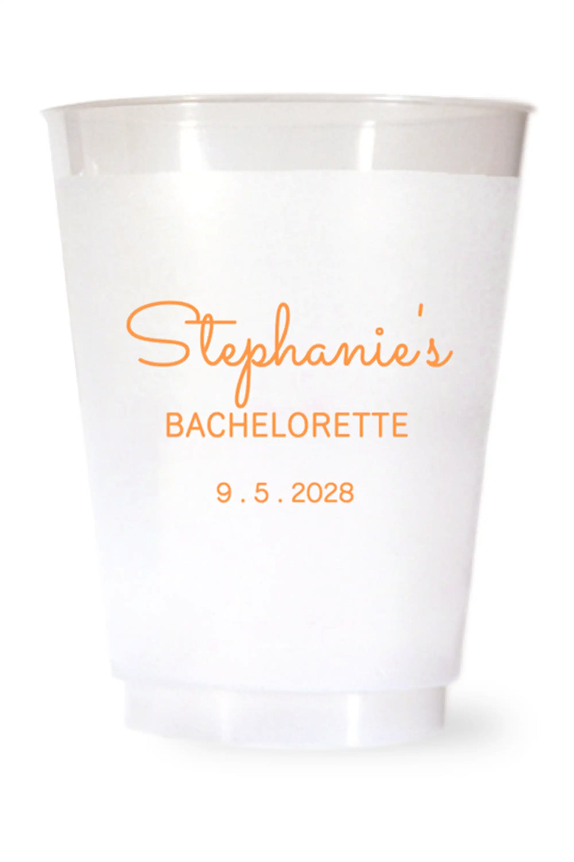White plastic cup with 'Stephanie's Bachelorette 9.5.2028' text in orange on a white background