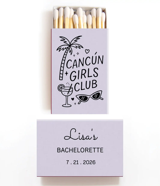 Matches with 'Cancun Girls Club' and personalized text on a white background