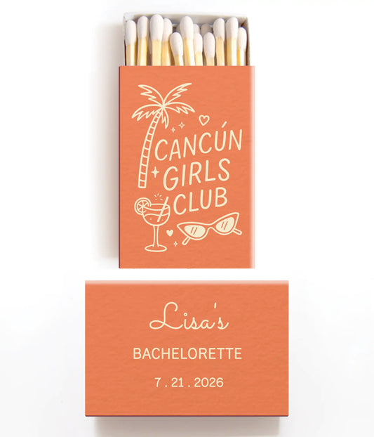 Matchbox with 'Cancun Girls Club' design and another with 'Lisa's Bachelorette' text on an orange background.