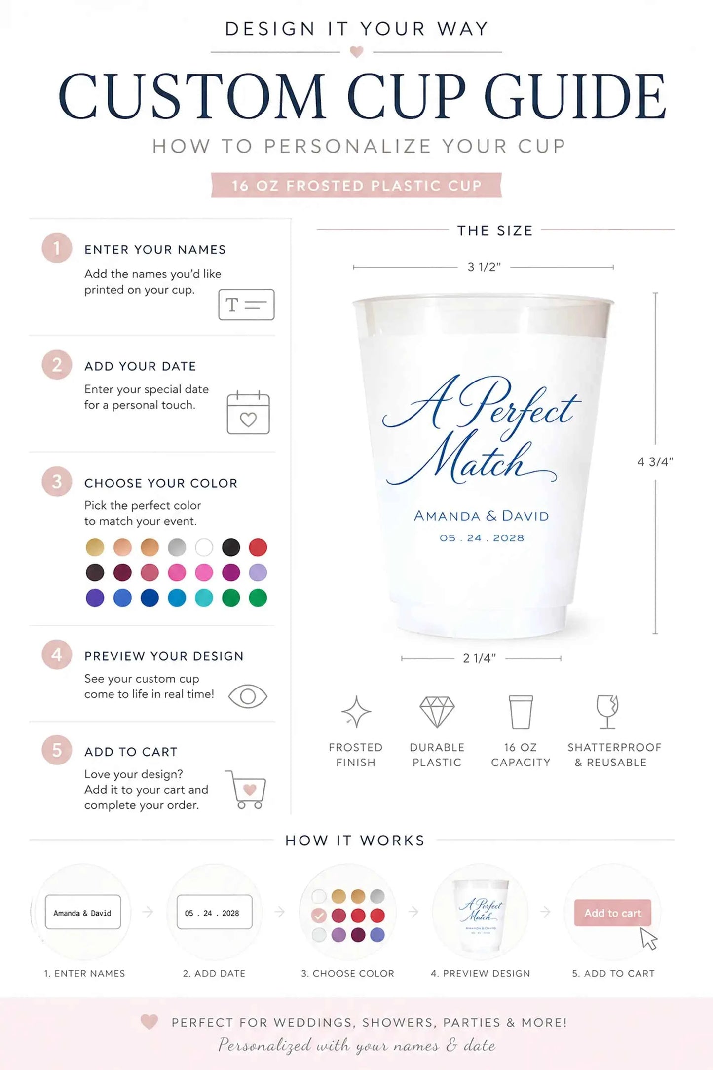 A Perfect Match Custom Frosted Wedding Cups | Interactive Live Preview | 16 oz Shatterproof Plastic Favors