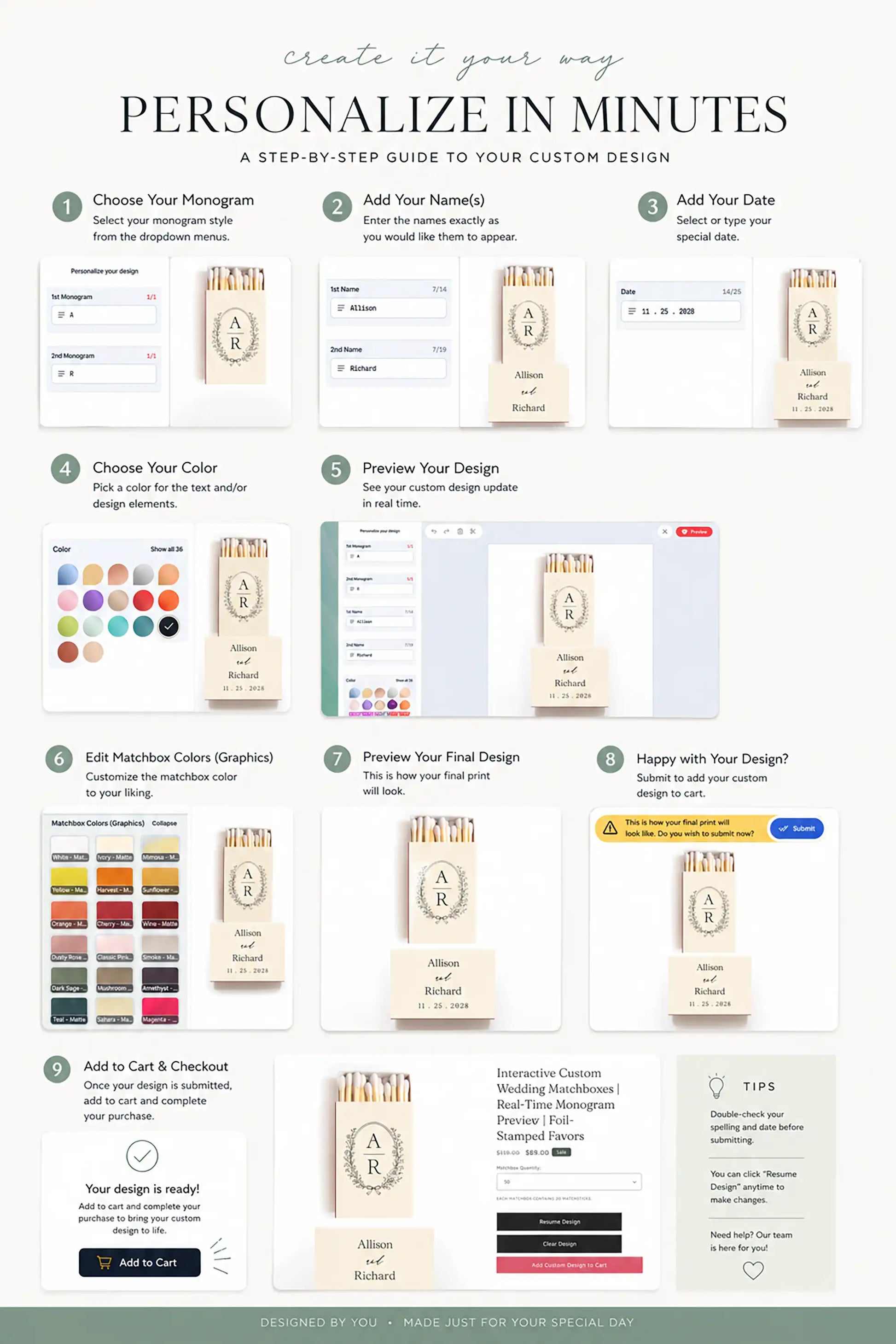 Design Custom Wedding Matchboxes in Minutes infographic showing how to make the matches step by step.