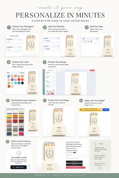Design Custom Wedding Matchboxes in Minutes infographic showing how to make the matches step by step.