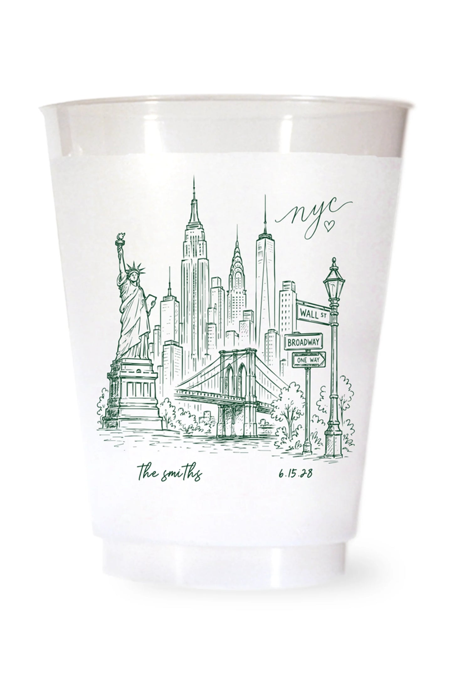 white shatterproof plastic cup on a white background. the cup is printed with a hand drawn illustration of the new york city sklyine with the bride and grooms names and wedding date in green ink.