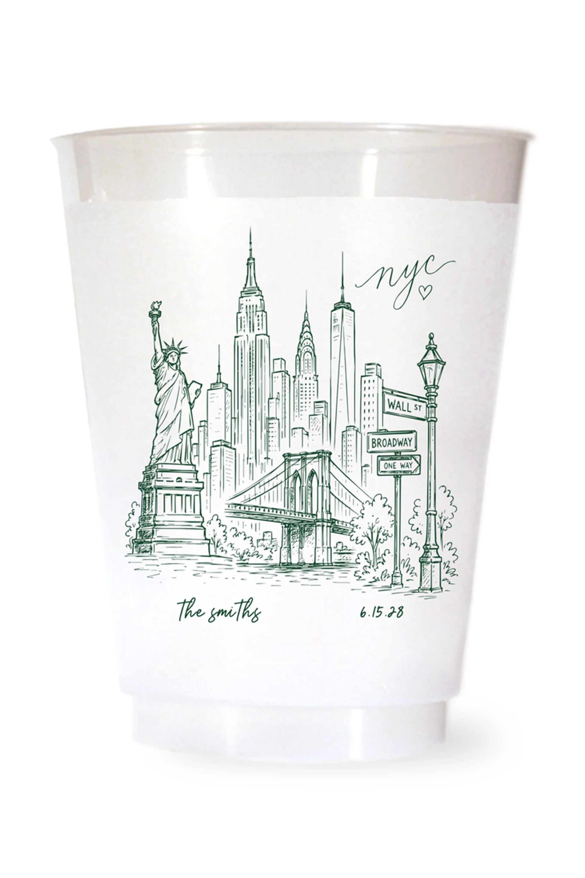 white shatterproof plastic cup on a white background. the cup is printed with a hand drawn illustration of the new york city sklyine with the bride and grooms names and wedding date in green ink.