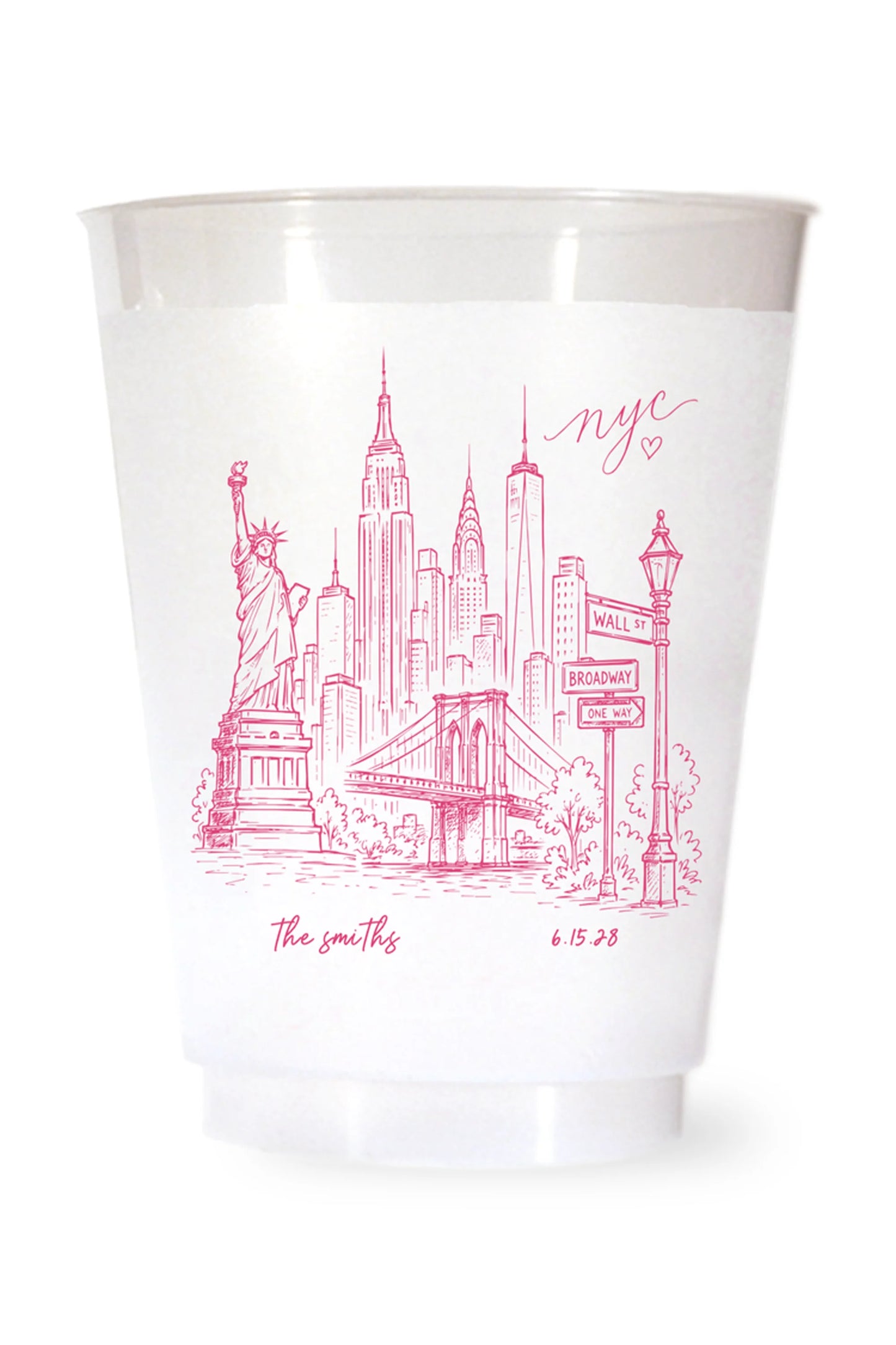 white shatterproof plastic cup on a white background. the cup is printed with a hand drawn illustration of the new york city sklyine with the bride and grooms names and wedding date in hot pink ink.