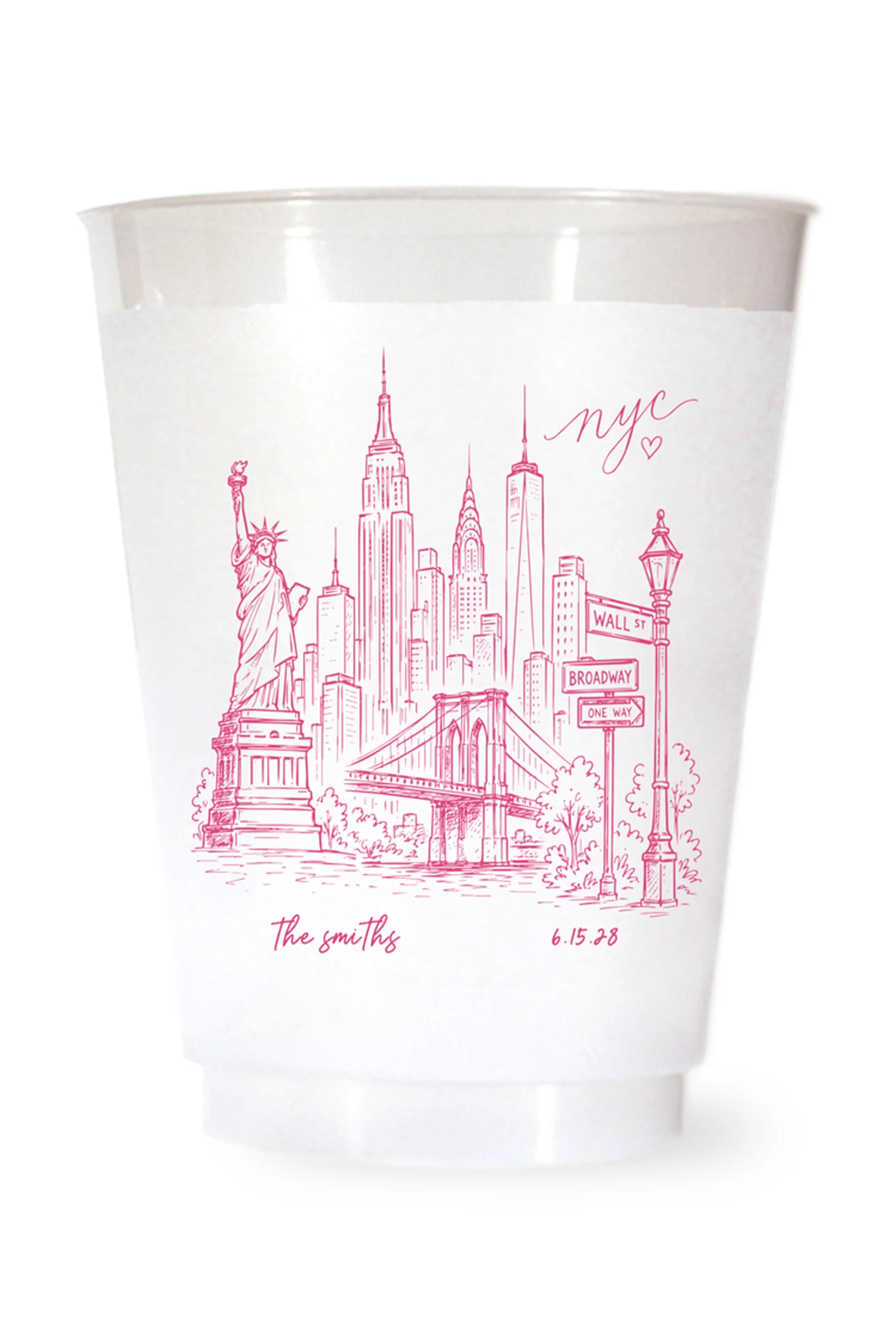 white shatterproof plastic cup on a white background. the cup is printed with a hand drawn illustration of the new york city sklyine with the bride and grooms names and wedding date in hot pink ink.
