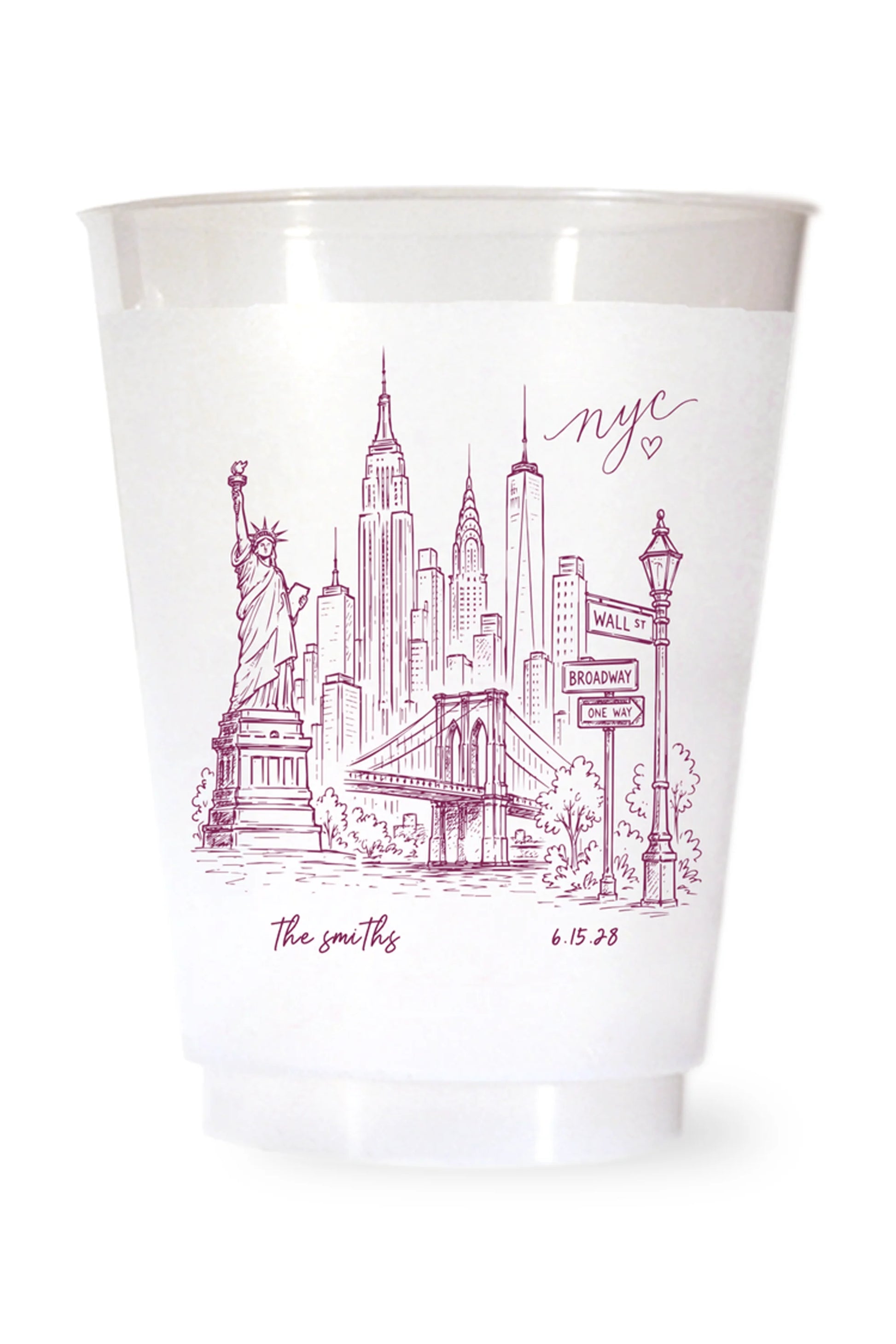 white shatterproof plastic cup on a white background. the cup is printed with a hand drawn illustration of the new york city sklyine with the bride and grooms names and wedding date in burgundy ink.