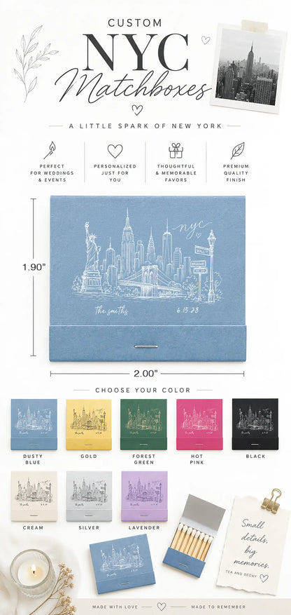 Pinterest-style infographic featuring personalized NYC skyline wedding matchbooks in multiple color options including dusty blue, gold, forest green, hot pink, black, cream, silver, and lavender. Custom matchbooks feature hand-drawn New York City skyline art with the Statue of Liberty, Brooklyn Bridge, and personalized names and wedding date. Elegant modern wedding favor design shown at actual size with luxury editorial styling.