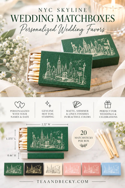 Personalized wedding matchboxes with a New York City skyline design, shown in a styled flat-lay and infographic layout. The matchboxes are dark green with white line art of iconic landmarks, and the image includes text detailing features such as customizable names and date, hot stamping, and a pack of 20 matchsticks per box.
