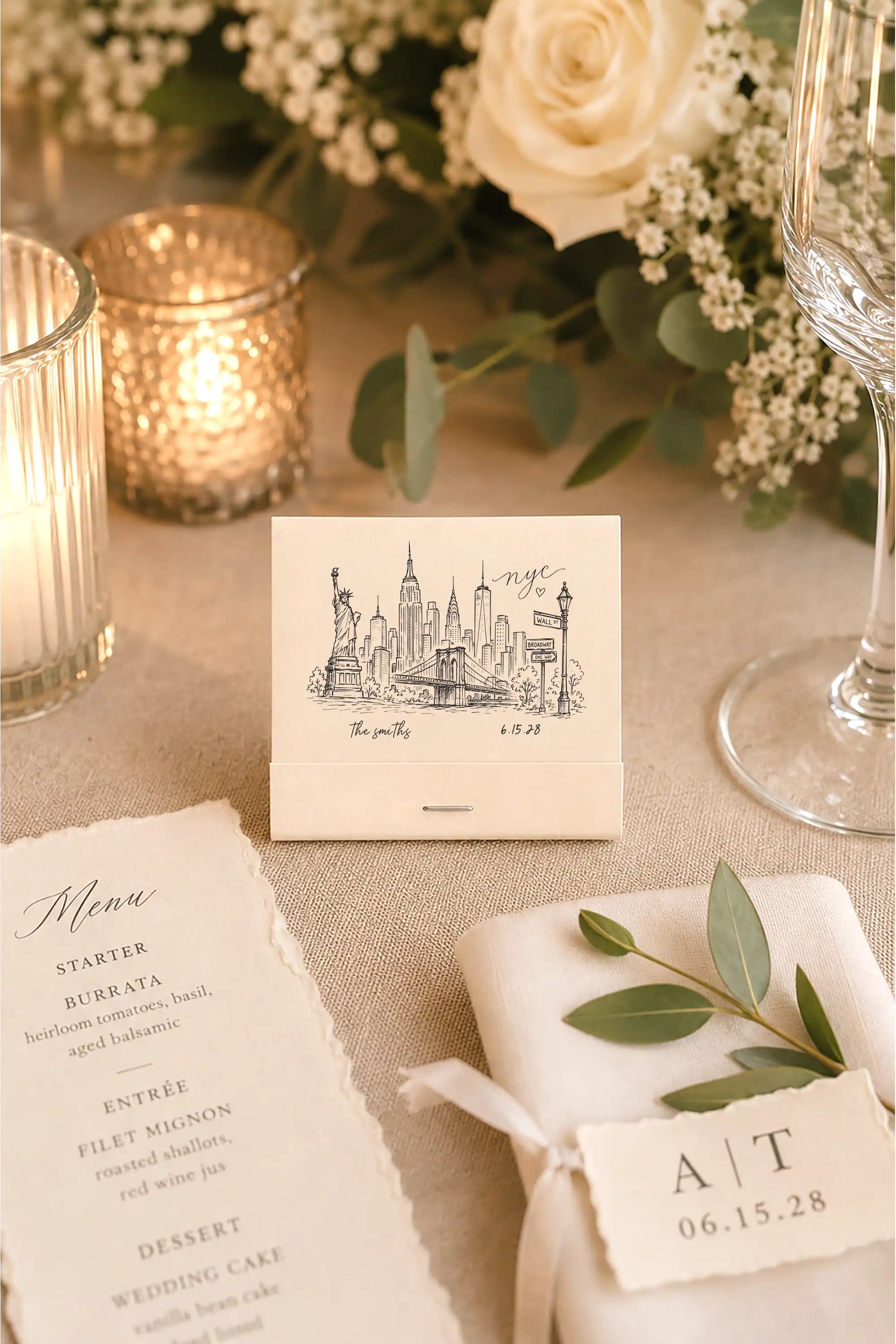Cream colored matchbooks that have a hand drawn image of the New York city skyline with the names the smiths and their wedding date printed in black ink on a beige wedding table with flowers and a menu. 