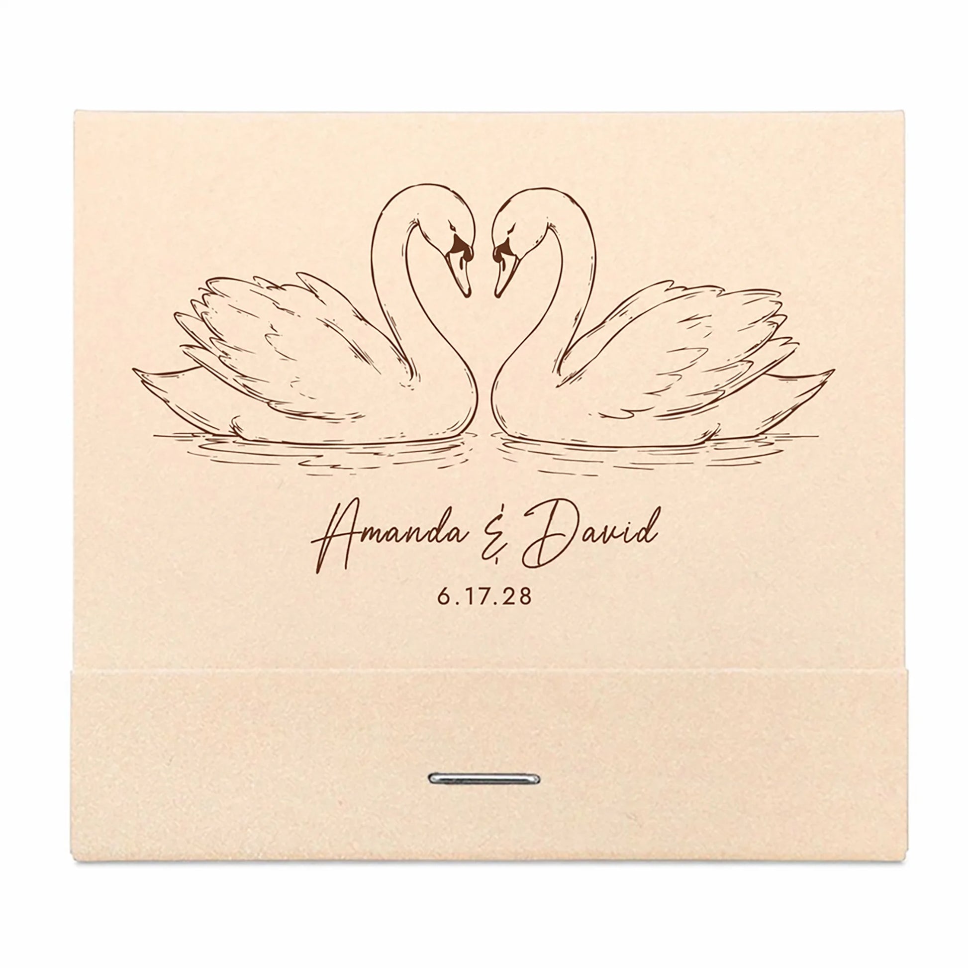 Beige matchbooks with line drawing of two swans and personalized text on a white background
