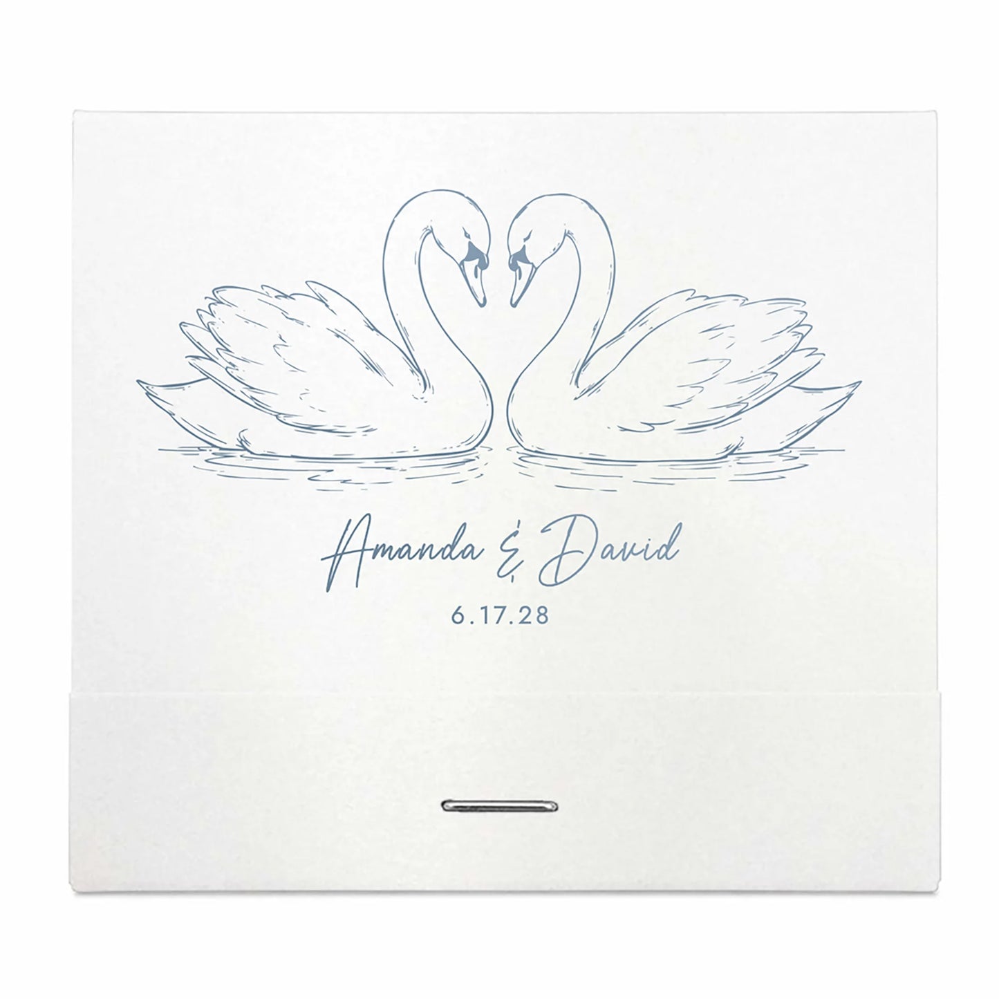 Two swans facing each other with personalized names and date on a white matchbook and background