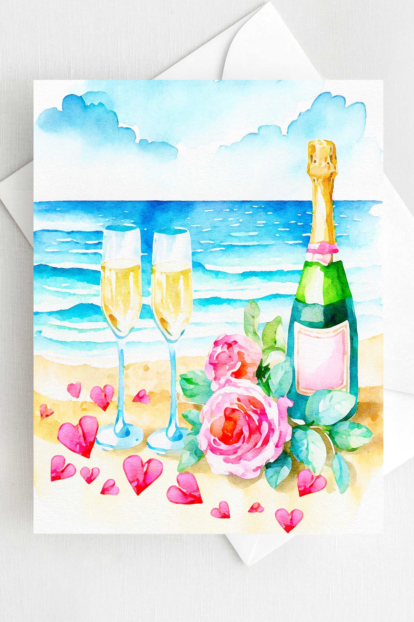 Beach Vacation Valentine's Day Card Champagne Roses